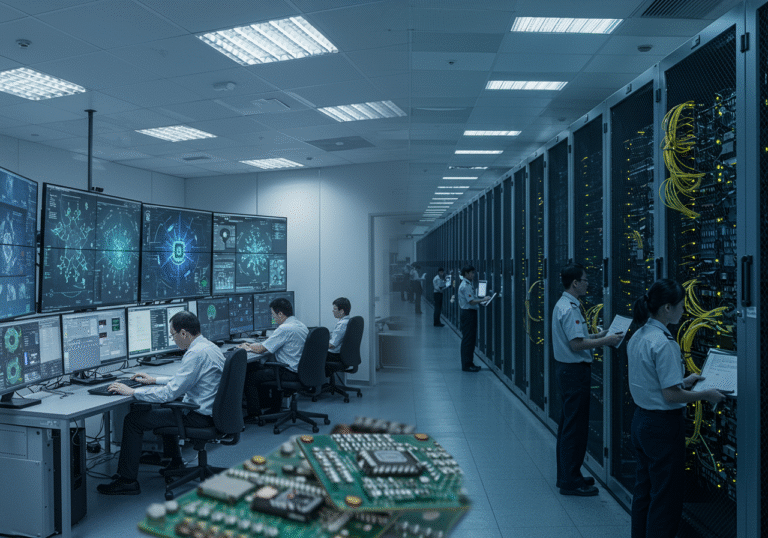 A highly detailed, wide-angle editorial photograph captures two distinct, technologically advanced environments representing the global AI arms race. On the left, a bright, modern American private sector AI research lab, where engineers in contemporary business casual attire are intently focused on large multi-screen displays showcasing intricate generative artificial intelligence models and complex data visualizations. The atmosphere is open and innovative, with cutting-edge computing hardware visible. On the right, a vast, more imposing Chinese state-backed AI data center, with endless rows of towering server racks glowing with indicator lights and serious-looking uniformed technical personnel overseeing extensive network operations and surveillance feeds. The lighting is more subdued, emphasizing scale and centralized control. The visual juxtaposition highlights the contrasting strategic approaches, with a palpable sense of geopolitical tension and high-stakes technological competition for digital domination. The foreground subtly includes blurred elements of advanced microchips or fiber optic cables, symbolizing the core components of this global digital race.