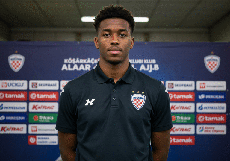 A 24-year-old American man, Quentin Morton-Robertson, standing confidently in a well-lit indoor sports facility or press conference room in Sinj, Croatia. He is dressed in professional athletic attire, such as a polo shirt or track jacket, with a subtle team emblem, signifying his new role with Košarkaški klub Alkar. The background features a modest, professional backdrop, possibly with the club's colors or an understated logo. He looks poised and determined, with the clean, bright light of an official daytime event. The atmosphere is quiet and focused, capturing the moment of a significant player signing for a Croatian Premijer Liga team.