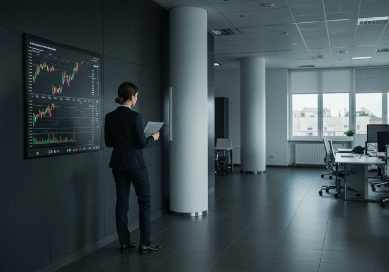 A well-dressed business professional in a suit stands in a quiet, modern office setting, possibly within the Zagreb Stock Exchange building. They are looking intently at a screen displaying financial market data, or perhaps reviewing a formal document related to corporate dividends. The atmosphere is serious and contemplative, under clear Monday morning light. The surroundings suggest a clean, functional financial environment in Zagreb, Croatia.