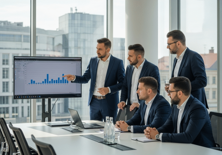 A professional editorial photograph of four men, Silvije Radišić, Nikola Livaković, Ratko Jović, and Božidar Pavlović, all partners at AYMO Ventures, gathered around a large modern conference table in a sunlit office in Croatia. They are dressed in smart business suits. One partner gestures towards a large monitor displaying a business chart, while the others observe with focused expressions. The setting reflects a significant financial milestone for the Croatian startup ecosystem, with a contemporary Croatian cityscape visible through a large window in the background.