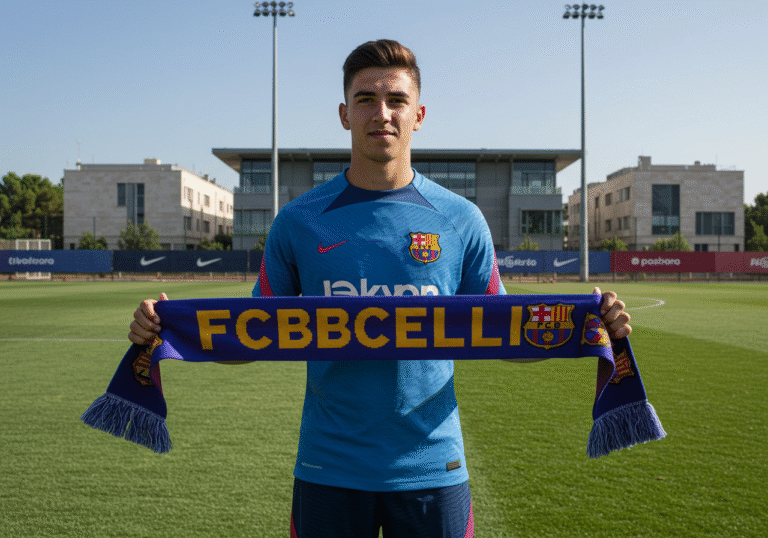 Eighteen-year-old Croatian midfielder Lovre Chelfi, wearing a new FC Barcelona training kit, stands on a sunlit football pitch at FC Barcelona's Ciutat Esportiva Joan Gamper training complex in Sant Joan Despí, Catalonia, Spain, on the morning of July 30, 2025. He holds a new FC Barcelona scarf, looking forward with a determined and hopeful expression. The background features modern training facility buildings under a clear summer sky. Natural daylight fills the scene.