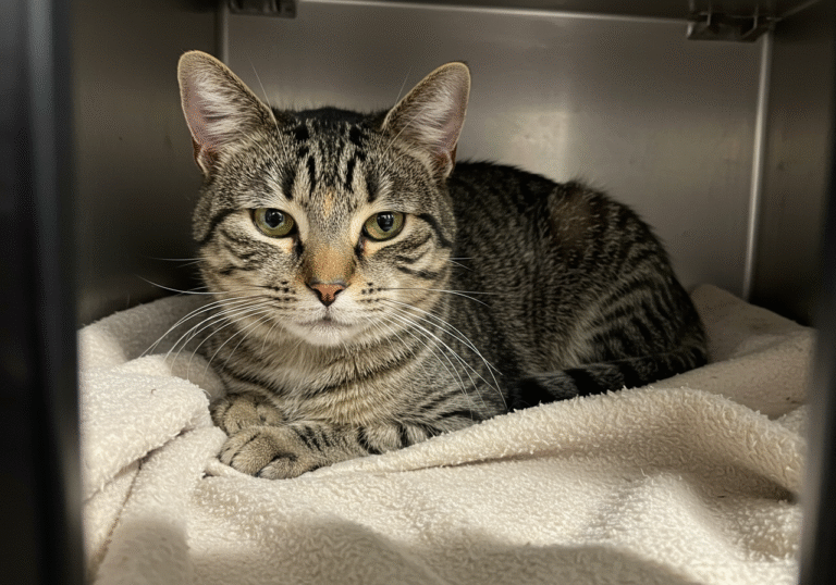 A domestic shorthair cat named Barney Bubble, with a visibly reduced nose after treatment for a fungal infection, rests peacefully on a soft blanket inside a clean animal shelter in Northern Ireland. Natural, diffused daylight from a window illuminates his fur, highlighting his calm and resilient expression. The environment is simple and caring.