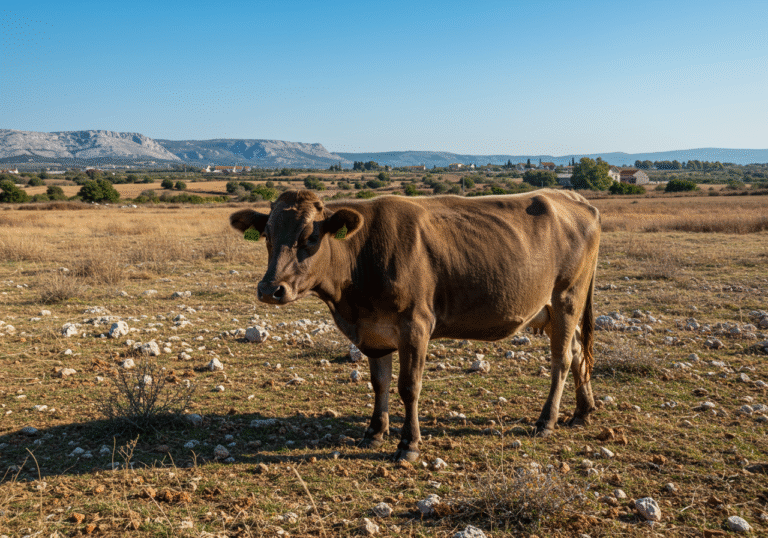 A healthy adult cow stands in a sunlit pasture within the Hrvace municipality, Split-Dalmatia County, Croatia. The rural landscape features sparse, dry Mediterranean vegetation and distant karst hills under a clear blue sky. The cow appears calm and shows no visible signs of illness, reflecting the recent detection of Bluetongue virus serotype 8 in the region.