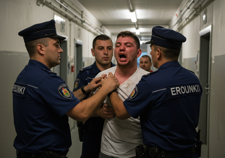 A 29-year-old male British inmate with a visibly swollen and bruised jaw is being physically separated from another agitated male inmate by two uniformed Croatian prison guards. The tense scene unfolds in a stark, institutional corridor within the Split prison in Croatia, under fluorescent lighting. It is early afternoon on July 24, 2025, with concrete walls and heavy metal doors characteristic of a correctional facility forming the background. The injured inmate shows signs of pain and distress as the guards firmly restrain both men.