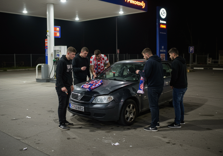 Five young men, Croatian citizens, appear visibly shaken and show minor injuries like bruises and disheveled clothing, as they stand near a damaged car at a Petrol gas station in Salakovac, Bosnia and Herzegovina. It is a quiet Thursday evening. The gas station's canopy lights illuminate the scene, casting long shadows. One of the young men inspects dents and scratches on the car's body, while another holds his arm. A football club scarf, characteristic of Croatian football fans, is partially visible inside the vehicle.