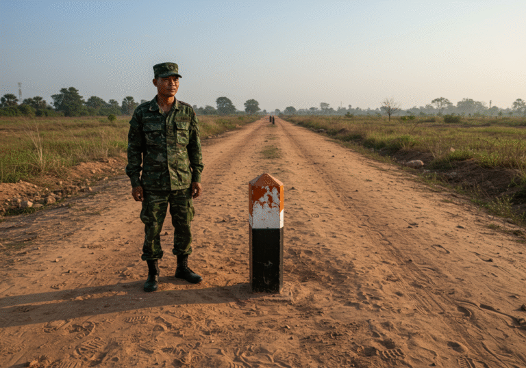A Cambodian soldier, dressed in a standard-issue camouflage uniform, stands guard at a weathered border marker on the arid Cambodia-Thailand land border, his expression stoic but watchful. The morning light on July 29, 2025, casts long shadows across the dusty ground, which shows faint signs of recent disturbance. In the background, sparse tropical vegetation and a distant, similar border post on the Thai side are visible under a clear, but still tense, sky. The scene captures the fragile calm after the ceasefire, amidst reports of continued conflict.