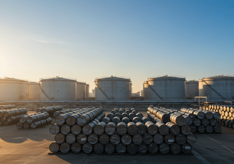 Photorealistic image of a vast crude oil storage tank farm under a clear, bright morning sky. Large, cylindrical storage tanks stretch into the distance, symbolizing global supply. In the immediate foreground, several neatly stacked metal oil barrels are visible, conveying a sense of abundant oil reserves in an industrial setting.