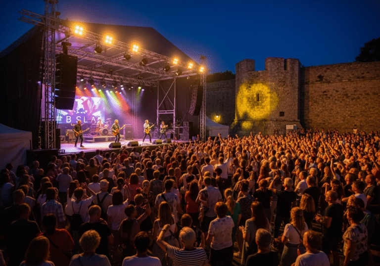 A wide shot of a vibrant open-air music festival taking place within the historic Tvrđava Brod (Brod Fortress) in Slavonski Brod, Croatia, on a warm late August evening. On a large, brightly lit stage, a Croatian pop-rock band performs, dynamic silhouettes visible against the colorful stage lighting. A large, enthusiastic crowd, diverse in age, is densely packed in front of the stage, many with arms raised, cheering and enjoying the music. The ancient stone walls of the Brod Fortress are clearly visible in the background, subtly illuminated by ambient and stage lights, creating a unique and energetic atmosphere.
