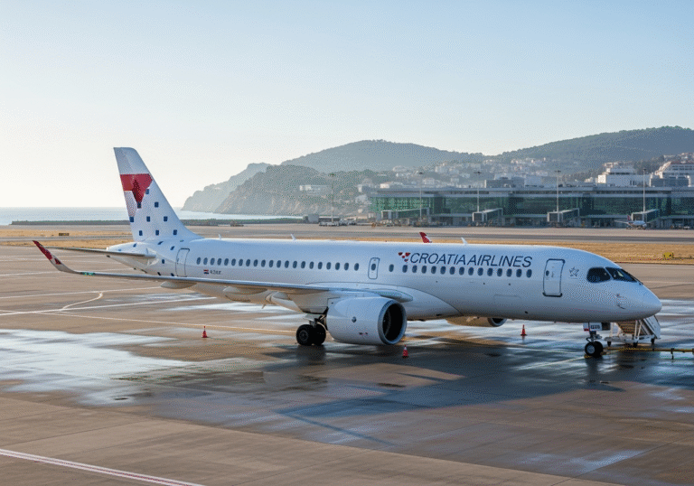 A new Airbus A220 aircraft, prominently featuring the Croatia Airlines livery, parked on the tarmac at Dubrovnik Airport in Croatia. It is a crisp, clear winter morning, with cool, natural light illuminating the scene. The distant rugged Croatian coastline and the airport's modern terminal buildings are visible under a pale sky. The aircraft appears operational, symbolizing expanded connectivity.