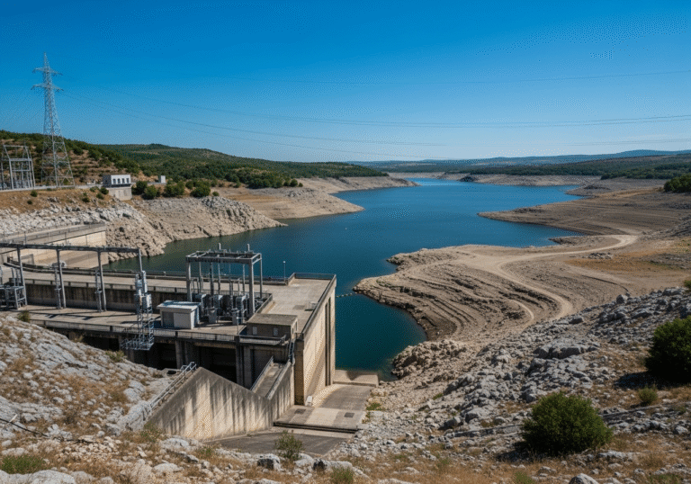 A realistic editorial photograph depicting a large hydroelectric power plant in the dry, rocky landscape of Croatia during June 2025. The vast reservoir behind the dam shows drastically low water levels, with extensive areas of parched, cracked earth and exposed rock visible along its shrunken shoreline. The concrete structure of the dam dominates the foreground under a clear, intense blue summer sky, indicating severe drought conditions. Electrical power lines stretch into the distance from the plant, illustrating its connection to the national grid.