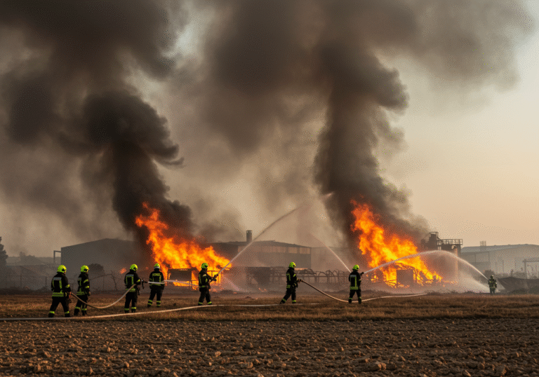Croatian firefighters in standard uniforms and helmets, actively battling a large blaze in an industrial zone in Croatia under a hazy, smoke-filled sky. Thick columns of dark grey smoke billow upwards, partially obscuring the afternoon sun. Flames lick at industrial structures and dry, parched vegetation. The ground is dusty and cracked from prolonged drought. Strong winds are visible, pushing the smoke and making the fire more intense. Firefighters are seen deploying hoses, directing streams of water towards the fire, their faces grim with determination as they work to contain the spread.