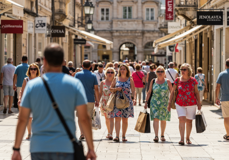 A bustling pedestrian street scene in a Croatian city center, bathed in bright June daylight. Shoppers of diverse ages, dressed in light summer clothing, walk briskly, many carrying multiple shopping bags from various retail stores. The atmosphere is vibrant and active, with some individuals smiling or chatting, reflecting strong consumer activity and an optimistic economic mood. Modern storefronts and traditional Croatian architecture are visible in the background.