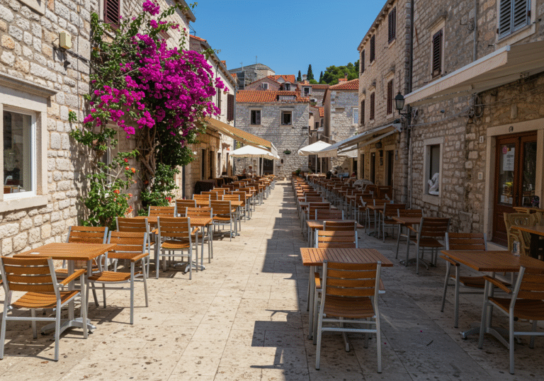 A quiet outdoor cafe terrace in a Croatian coastal town like Rovinj or Hvar on a sunny late May 2025 afternoon. Rows of neatly arranged tables and chairs are largely unoccupied, with only a scattering of local residents or very few tourists present. The scene captures the unexpected stillness in what would typically be a bustling tourist season. Traditional Mediterranean stone architecture and vibrant bougainvillea are visible in the background, under clear blue skies.