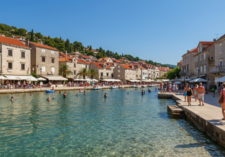 A wide editorial shot of a vibrant, sun-drenched Croatian coastal town during a bustling June day. Tourists of various ages and nationalities are enjoying the clear blue Adriatic Sea, swimming, and relaxing on the beach, while others stroll along a lively promenade lined with traditional Mediterranean buildings. The atmosphere is optimistic and energetic, reflecting a strong and successful summer tourism season.