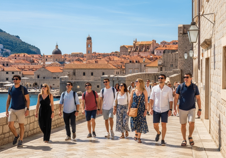 A diverse group of international tourists, casually dressed in summer attire, exploring the historic Old Town of Dubrovnik, Croatia, on a bright, sunny afternoon. They are walking along the smooth limestone streets, looking up at the ancient stone buildings with their terracotta roofs, or admiring the clear blue Adriatic Sea visible from the city walls. The scene captures the vibrant atmosphere of the renowned coastal city, with natural light highlighting the unique architecture and the enjoyment of the travelers.