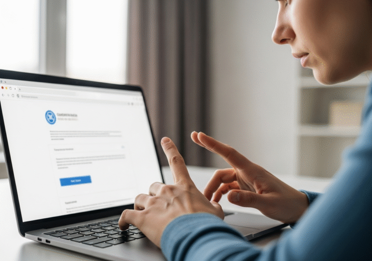 A close-up shot of a Croatian person's hands, with their fingers paused above a laptop keyboard. Their eyes are fixed intently on the screen, which displays a generic, clean web browser interface with elements suggesting a government portal, but no discernible text. The person's face, visible in the background, shows a serious, slightly concerned expression, illuminated by soft, natural daylight entering from a window. The setting is a modern, uncluttered desk in a contemporary Croatian interior, emphasizing a moment of careful consideration or hesitation while interacting with online services.
