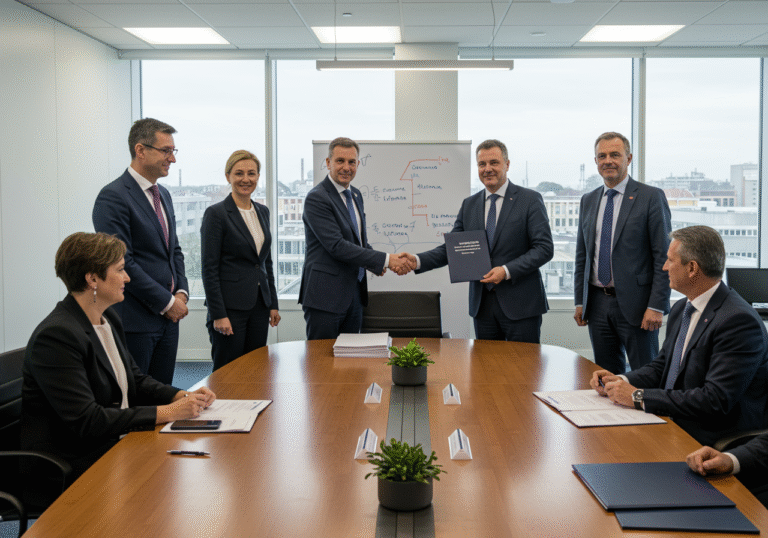 A wide-angle, editorial photograph capturing a significant business meeting in a bright, modern conference room in Croatia. Several Croatian government officials and Ericsson Nikola Tesla executives, all dressed in professional business attire, are gathered around a large, polished conference table. One government official and one Ericsson Nikola Tesla representative are seen shaking hands over a stack of documents, while others observe with professional, focused expressions. The room features contemporary Croatian office architecture, with natural daylight streaming through large windows, offering a subtle view of a Croatian urban landscape. The scene emphasizes the formalization of new ICT contracts, symbolizing the ongoing digital transformation and modernization of Croatia's public administration and infrastructure.