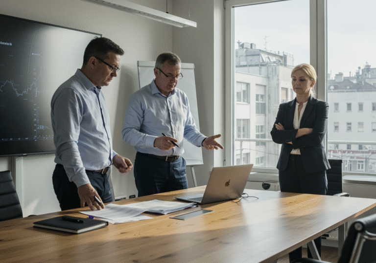 A focused group of three Croatian business professionals, two men and one woman in their late 40s to early 50s, standing around a large conference table in a sunlit, modern office in a contemporary building in Zagreb, Croatia. On the table are scattered documents and a laptop, with a large, unlit display screen on the wall behind them, suggesting complex data they are analyzing. Their expressions are a mix of serious concentration and slight concern as they discuss the economic implications of new international trade tariffs between the EU and USA. Soft, diffused daylight enters from a large window, highlighting their professional attire and creating a contemplative atmosphere. The background outside the window shows a glimpse of modern city architecture typical of Zagreb. One man gestures with a pen while another looks down at papers, and the woman crosses her arms, listening intently.