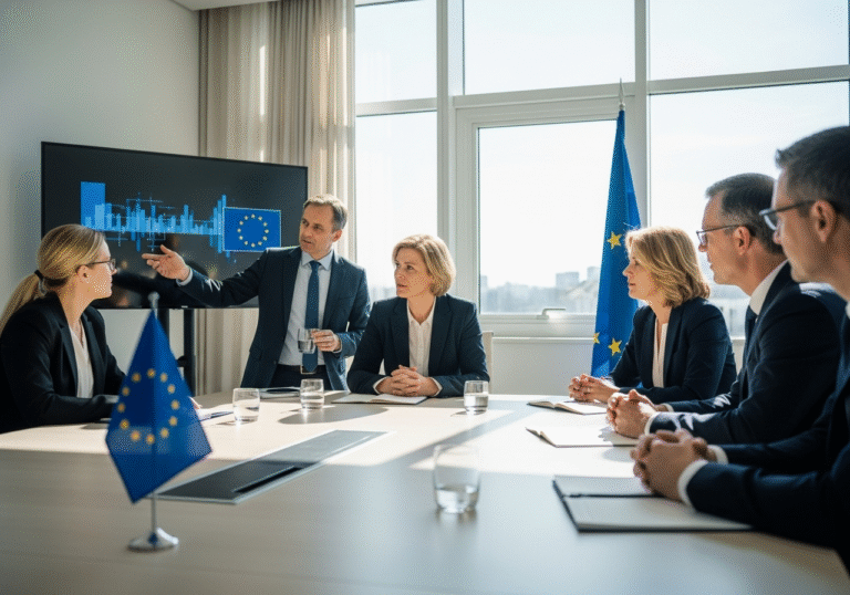 European Commission officials engaged in a serious discussion around a modern conference table in a sunlit room in Brussels, reflecting a blend of cautious optimism and strategic consideration regarding the evolving EU-US trade agreement. One official gestures towards a large display screen showing abstract financial data, while others listen intently. A subtle EU flag is positioned in the background.