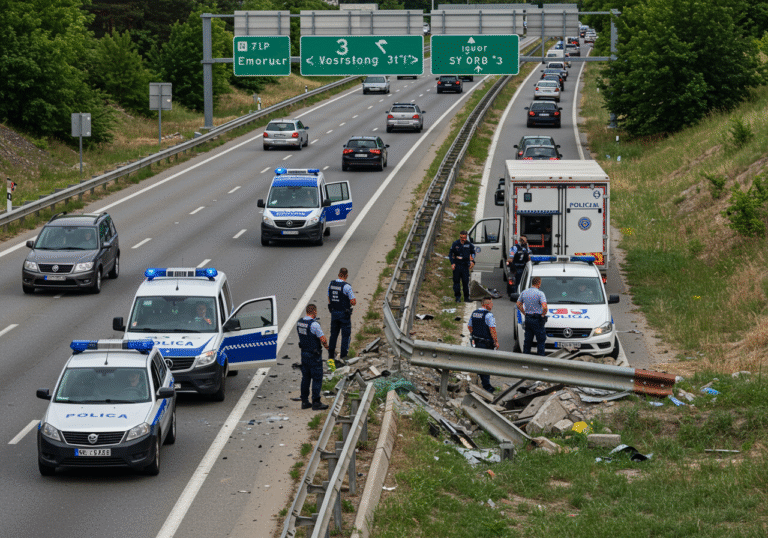 Mid-afternoon on a bright August day, Croatian police officers in uniform are actively investigating a traffic accident on the A3 highway towards Zagreb. Their patrol vehicles with flashing blue lights are positioned near a section of damaged protective barrier on an overpass leading to the Jankomir Bridge, near the western Zagreb interchange. Slow-moving traffic and congestion are visible on the multi-lane highway, with vehicles backed up as the investigation unfolds.
