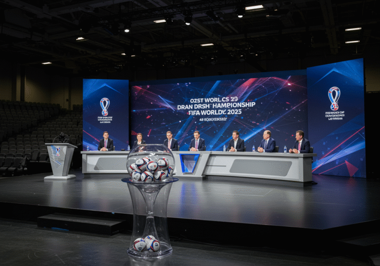 A professional, brightly lit stage inside a spacious, modern convention hall in Las Vegas, Nevada. A clear, large draw bowl containing footballs with numbers is prominently placed on a central podium. Behind it, a massive LED screen displays dynamic, abstract graphics hinting at a global football championship. A few elegantly dressed football officials and representatives from the United States, Canada, and Mexico national federations are seated at a polished table on the stage, their faces reflecting anticipation. The setting is formal and pristine, with rows of dark, empty seats stretching into the background, suggesting preparations just before a major live television event, emphasizing the monumental nature of the 48-team FIFA World Cup 2026.