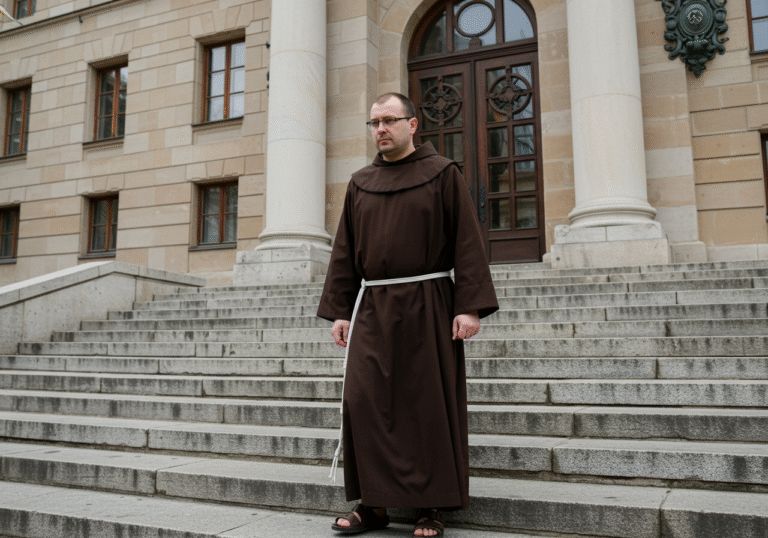 A 43-year-old Franciscan friar, Fra Vladimir Vidović, descends the stone steps of an imposing building in Zagreb. He wears a traditional brown monastic habit. His face is solemn, with a downcast gaze. The building behind him features classical Croatian architectural elements, characteristic of an official state prosecutor's office. It is daytime, under a neutral sky, with soft, even lighting, conveying a grave atmosphere.