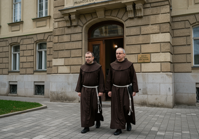 Fra Vladimir Vidović, a 42-year-old Franciscan friar, and Fra Miljenko Hontić, a 59-year-old Franciscan provincial, walk out of a Croatian government building in Zagreb on a cool, overcast late October afternoon. Both men are dressed in their dark brown Franciscan habits, their expressions somber as they emerge onto a city street. The architecture of the building is characteristic of central European governmental structures.