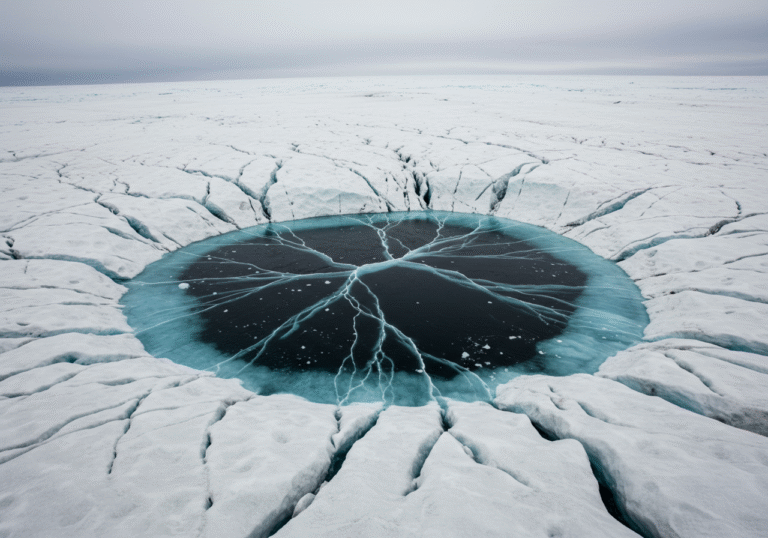 A vast, desolate expanse of the Greenland ice sheet under a cold, overcast Arctic sky. In the foreground, a large, dark pool of meltwater has broken through the thick ice, surrounded by a network of jagged, deep fissures and extensive cracks radiating outwards from the water's edge. The ice shows evidence of immense pressure, with fractured and upthrust sections. The scene captures the raw power of the water emerging onto the surface, emphasizing the immense scale and untouched nature of the icy landscape.