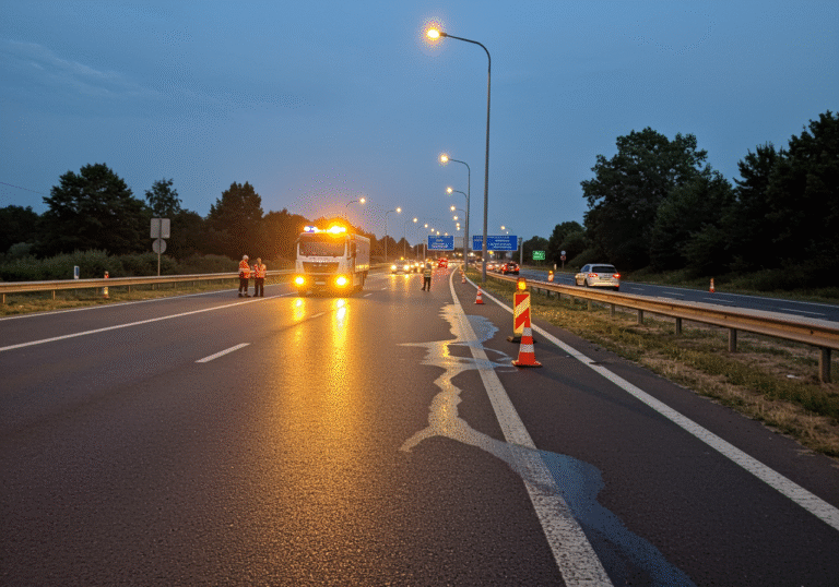 Early morning, July 31, 2025, 01:37 AM. A specific section of the Croatian state road DC404, between the Vežica and Draga interchanges, heading towards Zagreb. The asphalt is dark and wet in one lane, covered by a distinct oil spill, reflecting the amber lights of an official road maintenance vehicle parked nearby. Bright orange traffic cones and yellow flashing warning lights clearly mark the closed lane. Other vehicles drive carefully in the open lane, their headlights illuminating the scene. The sky is dark blue, just before dawn, with streetlights casting long shadows. Croatian road workers in high-visibility vests are visible on the shoulder, assessing the hazardous spill.