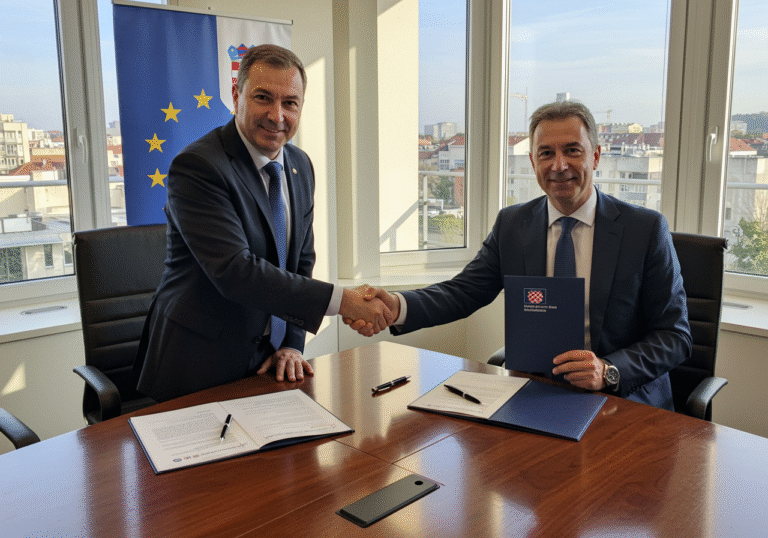A Croatian bank executive and a European Investment Bank executive, both dressed in professional business attire, shaking hands across a polished conference table. Open documents and a pen are visible on the table. The setting is a modern, brightly lit conference room in Croatia, with large windows overlooking a general contemporary urban landscape. The mood is professional and optimistic, reflecting a significant financial agreement. Natural daylight streams into the room.