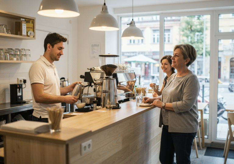 A candid shot inside a bright, modern cafe in a Croatian city. A Croatian barista, mid-30s, with a warm, friendly expression, is carefully pouring a coffee behind the counter. A customer, early 40s, stands at the counter, smiling slightly, engaged in a polite interaction while waiting for their order. Natural daylight streams in through large windows, illuminating the contemporary interior with light wooden accents. The atmosphere is inviting and efficient, reflecting a high standard of customer service.