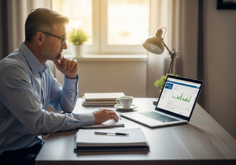 A thoughtful Croatian man or woman in their late 40s or 50s, dressed in smart casual attire, sitting at a clean, modern desk in a home office or study. They are focused on a laptop screen displaying an online banking interface or an investment portfolio dashboard. A small stack of neatly organized financial documents and a pen are on the desk beside a cup of coffee. Warm, natural light streams in from a window, illuminating the scene. The overall atmosphere is quiet contemplation, reflecting personal finance management in a typical Croatian home.