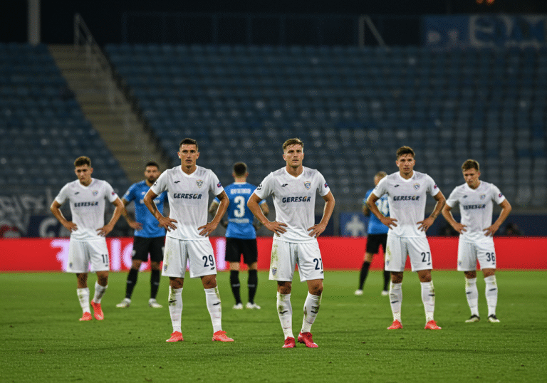 HNK Rijeka football players, visibly dejected and exhausted, stand on the pitch under floodlights at Ludogorets Arena in Razgrad, Bulgaria, at the end of a dramatic UEFA Champions League qualifier match. Players in white jerseys show signs of disappointment, some with hands on hips, others looking down, reflecting the 3-1 defeat in extra time after playing with nine men. The green pitch is well-maintained, and the stadium seating is visible in the background, dimly lit. The cool night air of late July hangs heavy, capturing the somber mood of elimination.