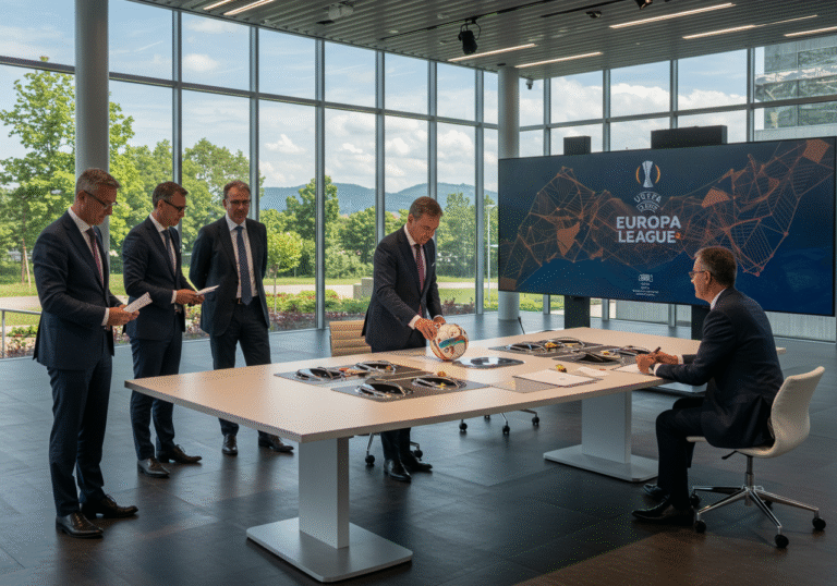 An editorial photograph of the UEFA Europa League third qualifying round draw ceremony inside the modern House of European Football in Nyon, Switzerland, on the bright afternoon of Monday, July 21, 2025. A few professional UEFA officials, dressed in business attire, are seated or standing around a sleek, contemporary table, with one official poised to draw a ball from a clear acrylic bowl. Large digital screens in the background display abstract UEFA Europa League branding and graphic elements common to a live draw event. The room is well-lit with natural light filtering through expansive windows, creating a formal and anticipatory atmosphere as potential opponents for clubs like Croatian HNK Rijeka are determined.