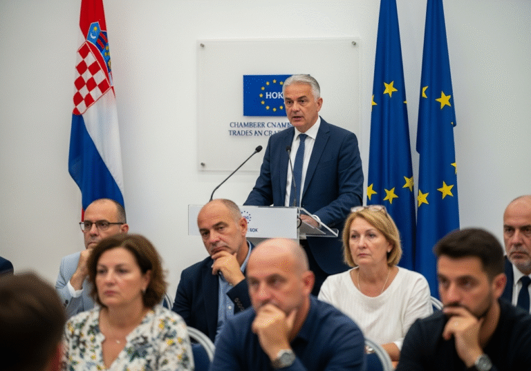 A senior representative of the Croatian Chamber of Trades and Crafts (HOK), dressed in professional business attire, stands at a podium in a well-lit conference room in Croatia, speaking to an audience on Friday, July 18, 2025. Behind the speaker, the flags of Croatia and the European Union are prominently displayed. In the foreground, several Croatian artisans, of various ages and backgrounds, are seated, listening with attentive and concerned expressions. The scene is captured in a realistic, editorial photo style, reflecting the serious discussion about systemic barriers limiting artisans' access to EU funds.