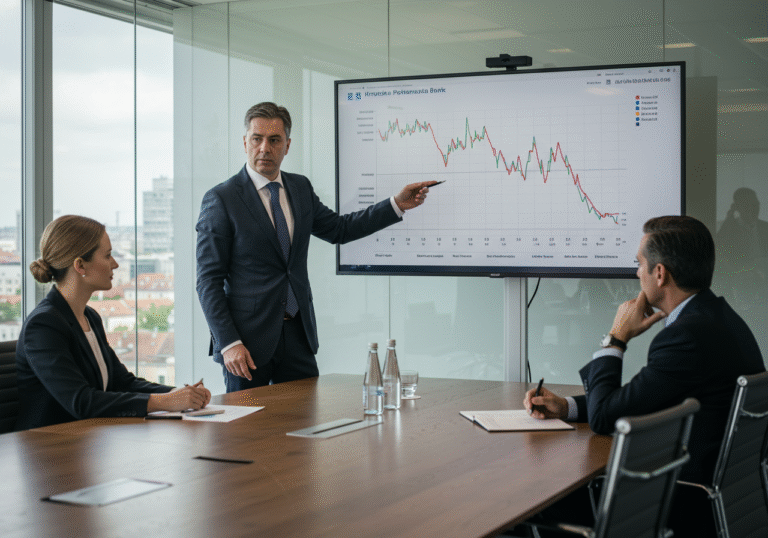 A serious male executive in a sharp business suit, mid-40s, stands at a modern conference table in a well-lit boardroom in Zagreb, Croatia, during a clear daytime. He gestures subtly towards a large, sleek monitor on the wall displaying financial charts with a noticeable downward trend. Two other executives, a woman and a man, both in professional business attire, sit at the table, their expressions thoughtful and focused as they observe the charts, contemplating the recent decline in Hrvatska Poštanska Banka's profits. Through a large window in the background, a subtle, blurred view of a contemporary Croatian city skyline is visible. The atmosphere is professional and analytical.