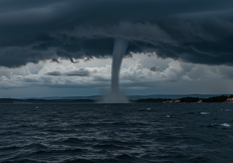Jadran pod novim udarom: Narančasto upozorenje DHMZ-a nakon pijavice snimljene kod Rovinja A large waterspout descends from dark, tumultuous storm clouds over the choppy, windswept Adriatic Sea, off the coast near Rovinj, Croatia, during the evening of July 8, 2025. The ominous, natural light of an impending severe thunderstorm illuminates the scene, with strong winds creating whitecaps on the water. The waterspout is clearly visible against the distant, hazy coastline of western Istria, conveying the immediate threat of unstable weather.