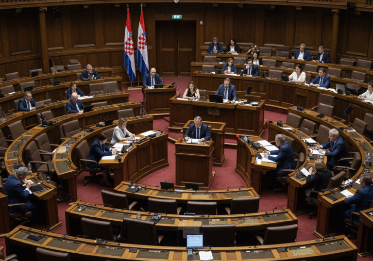 A wide shot of the Croatian Parliament chamber in Zagreb on a bright July day. Members of parliament, some with resolute expressions and others appearing cautious, are engaged in a serious debate over the potential recognition of Palestine. The natural light illuminates the formal setting, where Croatian flags are visible in the background, conveying a tense atmosphere reflecting the deep political divisions.