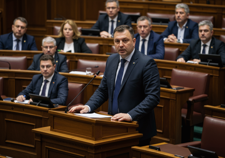 A male Croatian Member of Parliament, dressed in a dark suit, stands at a wooden podium, mid-speech, in the formal plenary hall of the Sabor in Zagreb, Croatia. He has a serious, earnest expression, with his hand slightly raised as if emphasizing a point. In the background, rows of other Members of Parliament are seated, some attentively listening, while others display neutral or slightly dissenting expressions, reflecting the deep political divisions within the parliament. The hall is brightly lit by professional interior lighting, creating a clear, crisp editorial look. A Croatian national flag is subtly visible in the background, adding context to the governmental setting.