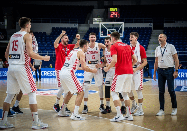 A photorealistic editorial photograph captures the jubilant celebration of the Croatian U20 men's national basketball team on an indoor court. Players, wearing their distinctive red and white national team jerseys, are seen embracing, raising their fists, and cheering with pure joy and relief, moments after their decisive victory. Coach Petar Babić stands proudly nearby, observing the scene. Bright sports arena lighting illuminates the players and the polished court, with the blurred background hinting at the stadium seating. The atmosphere is one of triumph and accomplishment as they secure their return to FIBA U20 EuroBasket Division A.