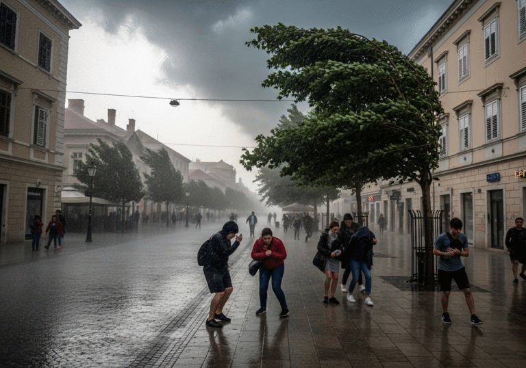 A sudden, intense summer storm sweeps through a Croatian city street as a cold front dramatically shifts the weather. Heavy, drenching rain falls in sheets, creating large puddles and slick surfaces on the cobblestone street. Strong, gusty winds whip through the scene, bending trees and forcing pedestrians to huddle, clutching their clothing, their expressions showing surprise and a scramble for shelter. Dark, low-hanging storm clouds dominate the sky, with the ambient light dimming rapidly as if dusk has arrived prematurely. The air feels significantly cooler, a sharp contrast to the recent heatwave. Traditional Croatian building facades line the street, glistening wet.