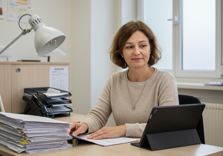 A Croatian patient, a woman in her 50s, sits at a clean, modern desk inside a brightly lit public health insurance office in Croatia. She looks at a simplified, organized stack of documents or a digital interface on a tablet with a calm, relieved expression, reflecting the significantly reduced administrative burden for sick leave claims. The office environment is professional and welcoming, with soft natural light coming through a window. The overall atmosphere conveys efficiency and a patient-focused healthcare system.