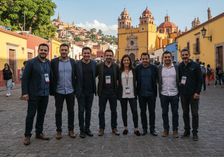 A group of proud Croatian filmmakers, including men and women, standing together on a vibrant, sunlit cobblestone street in Guanajuato, Mexico, during the 28th Guanajuato International Film Festival. They are dressed in smart, contemporary film festival attire, smiling with a sense of accomplishment. In the background, the distinctive, colorful colonial architecture of Guanajuato rises under a clear blue sky, capturing the lively atmosphere of the international event.