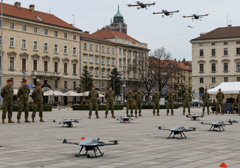 Croatian FPV combat drones showcased on a clear day at a military demonstration in Zagreb, Croatia. Several small, advanced drones are arranged on a paved area, while others are in precise flight formation overhead, against a backdrop of historic Zagreb architecture. Croatian military personnel in standard camouflage uniforms are observing the display, maintaining a professional and attentive demeanor. The scene is illuminated by bright natural light, highlighting the modern design of the drones and the official military environment.