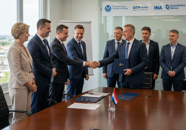 Mid-day on a sunny July 28, 2025, inside a modern, well-lit corporate boardroom in Croatia. High-ranking executives representing Ina, a leading Croatian oil company, are shaking hands with representatives from a consortium of Croatian banks including Privredna banka Zagreb, OTP banka, Erste & Steiermärkische Bank, and Zagrebačka banka. They are standing around a large, polished conference table where an official loan agreement document is prominently displayed. Other executives are present, observing the handshake with professional expressions. Sunlight streams through a large window, subtly illuminating the scene and offering a blurred view of a Croatian city in the background. All individuals are dressed in professional business attire, such as dark suits and professional dresses.