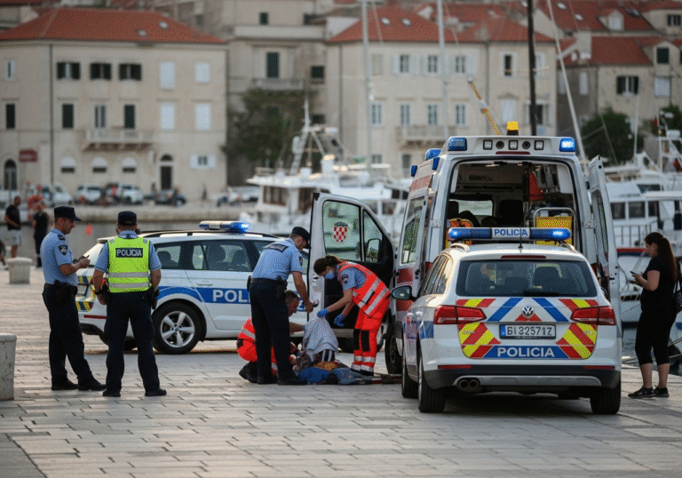 Croatian police officers in blue uniforms and paramedics respond to a public disturbance at Matejuška pier in Split, Croatia, around 7 PM on a warm summer evening. An injured individual is being carefully attended to by paramedics and prepared for transport into a white ambulance vehicle. Police officers are conducting an investigation at the scene, with a marked police patrol car nearby. The setting sun casts a warm, golden light over the historic waterfront, with traditional fishing boats docked in the background.