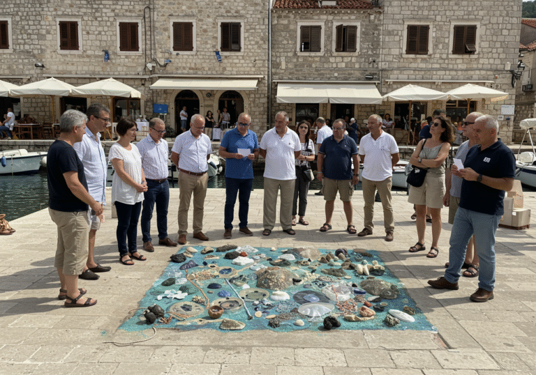 A diverse group of organizers, artists, and scientists are gathered on the sunlit waterfront of Jelsa, Hvar, Croatia, observing a large, conceptual art installation that visually symbolizes the delicate marine ecosystem and the critical importance of seabed preservation. People in the background are engaged, reflecting public awareness. The scene is set against traditional Mediterranean stone buildings and the clear Adriatic Sea with boats gently swaying. It is a bright summer day, capturing the event in a natural, editorial photography style, with attendees dressed in smart casual attire.