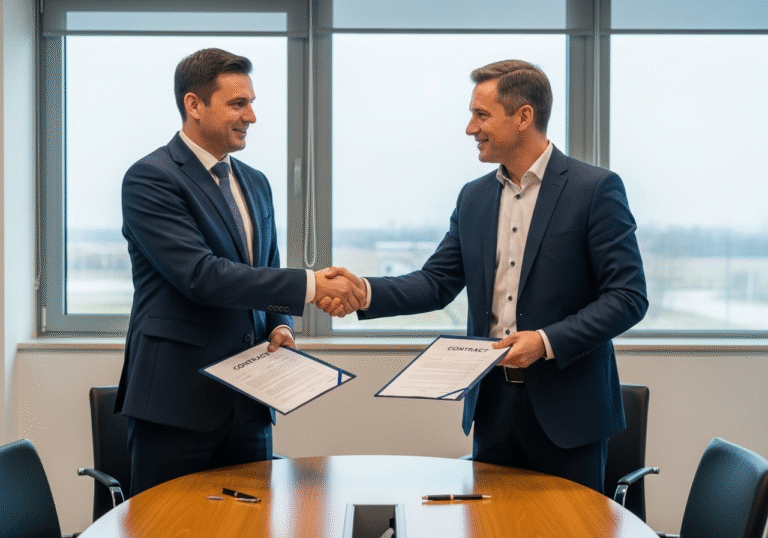 Two business executives, one representing Croatian company Končar – Elektroindustrija d.d. and the other from Solarna Elektrana (Croatian subsidiary of Acciona Energía), stand and shake hands firmly in a modern, well-lit conference room in Croatia. A large, officially signed contract document rests on a polished wooden table in front of them, with a pen visible. Both executives are professionally dressed in business suits, exchanging an optimistic smile, reflecting the successful formalization of the 15.3 million euro agreement. The room is tidy, with large windows revealing a clear daytime sky. The atmosphere is professional and highlights the significant project of constructing the 400 kV Promina substation and integrating the 150 MW Promina solar power plant in southern Croatia.
