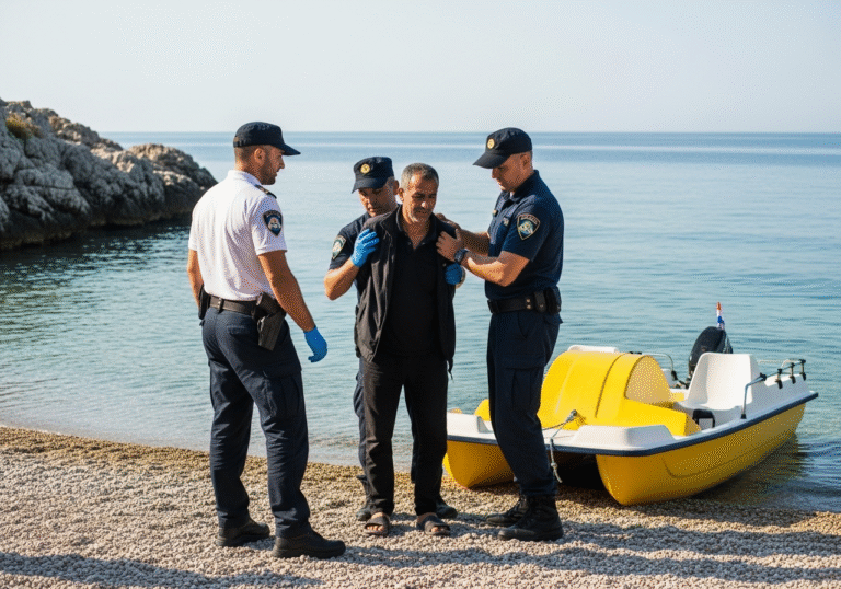 A 53-year-old Moroccan man is being apprehended by two Croatian police officers on the rocky coastline of the Prevlaka peninsula on a clear Thursday morning in July. One officer, in a dark blue Croatian border police uniform, is securing the man, who appears somber and resigned. Another officer, in a white shirt and dark pants of the Croatian maritime police, stands nearby, looking towards the beached yellow pedal boat on the small shingle beach. The tranquil Adriatic Sea stretches behind them under a bright, early morning sky, signifying the Croatian-Montenegrin border.