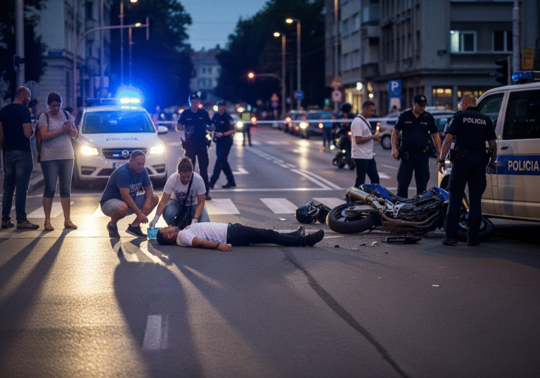 An injured male motorcyclist lies on the ground at the intersection of Ilica and Roginina streets in Zagreb, Croatia, at dusk on a summer evening, following a serious collision between his motorcycle and a van. Concerned citizens are gathered around, some kneeling to offer immediate assistance. Croatian police officers are present, actively conducting an investigation of the scene, with the flashing blue lights of a police vehicle visible in the background, illuminating the urban setting and casting long shadows on the asphalt. The damaged motorcycle and van are visible nearby. The atmosphere is tense and somber.